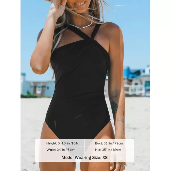 imageCUPSHE Womens One Piece Swimsuits Ruched Bathing Suit Tummy Control Back Tie Mutiple Ways WearingBlack