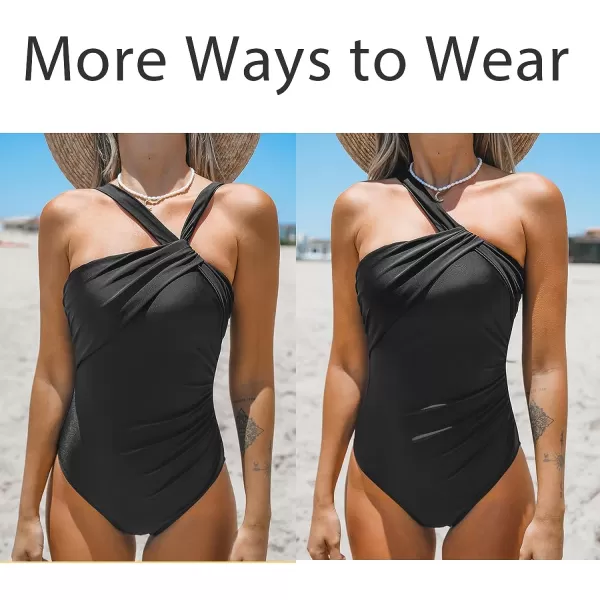 imageCUPSHE Womens One Piece Swimsuits Ruched Bathing Suit Tummy Control Back Tie Mutiple Ways WearingBlack