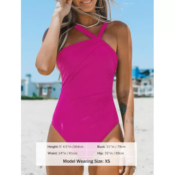 imageCUPSHE Womens One Piece Swimsuits Ruched Bathing Suit Tummy Control Back Tie Mutiple Ways WearingMagenta