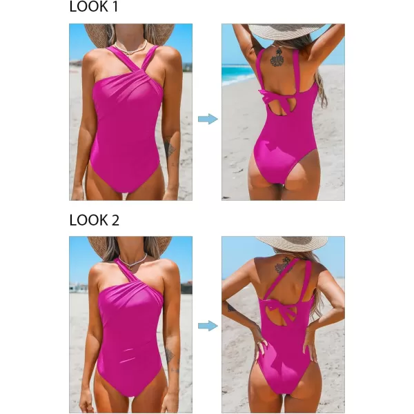 imageCUPSHE Womens One Piece Swimsuits Ruched Bathing Suit Tummy Control Back Tie Mutiple Ways WearingMagenta