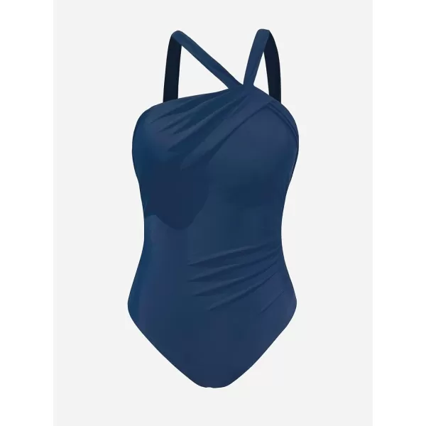 imageCUPSHE Womens One Piece Swimsuits Ruched Bathing Suit Tummy Control Back Tie Mutiple Ways WearingNavy