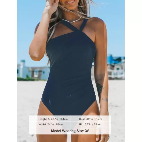 imageCUPSHE Womens One Piece Swimsuits Ruched Bathing Suit Tummy Control Back Tie Mutiple Ways WearingNavy