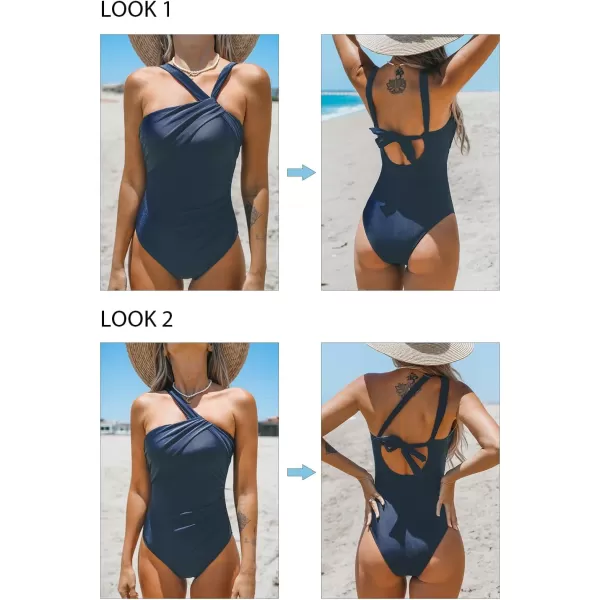 imageCUPSHE Womens One Piece Swimsuits Ruched Bathing Suit Tummy Control Back Tie Mutiple Ways WearingNavy