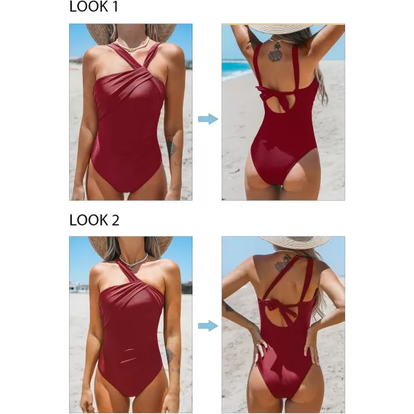 imageCUPSHE Womens One Piece Swimsuits Ruched Bathing Suit Tummy Control Back Tie Mutiple Ways WearingRed