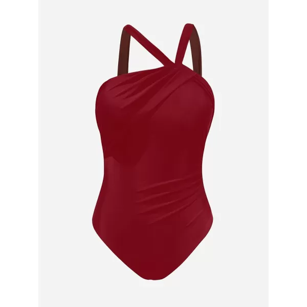 imageCUPSHE Womens One Piece Swimsuits Ruched Bathing Suit Tummy Control Back Tie Mutiple Ways WearingRed