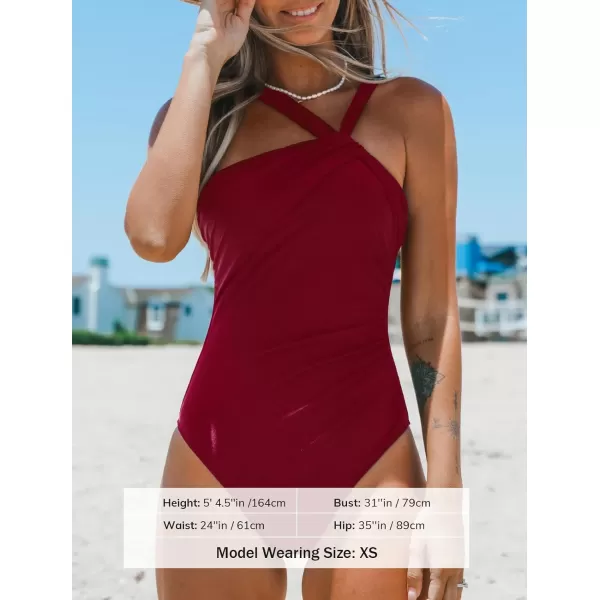 imageCUPSHE Womens One Piece Swimsuits Ruched Bathing Suit Tummy Control Back Tie Mutiple Ways WearingRed