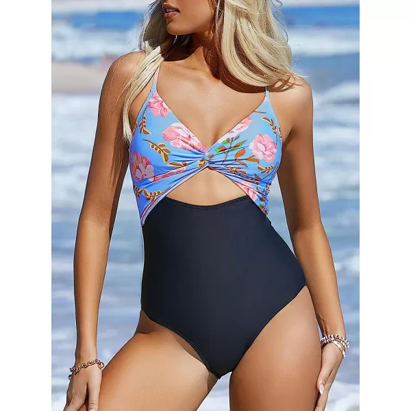 imageCUPSHE Womens One Piece Swimsuits Twisted Front Cutout Floral Laceup Back SwimwearBlue Black and Floral