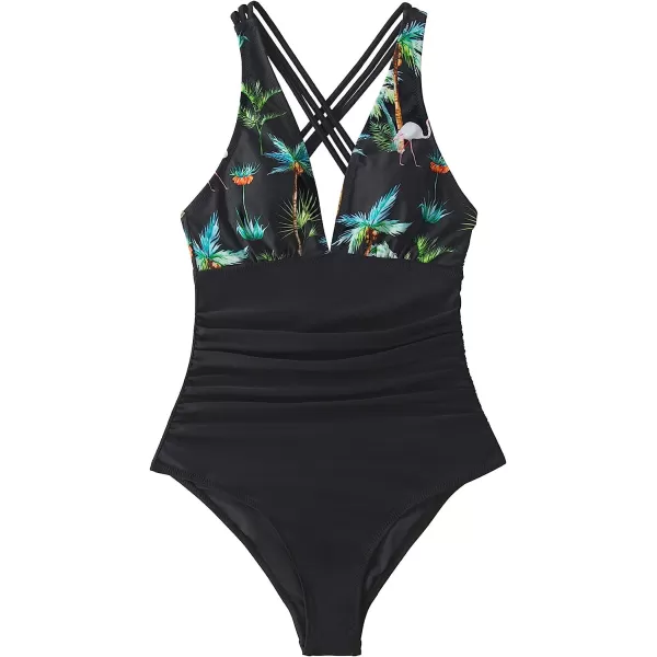imageCUPSHE Womens One Piece V Neck Tummy Control Cross Back Vintage SwimsuitBlack Floral