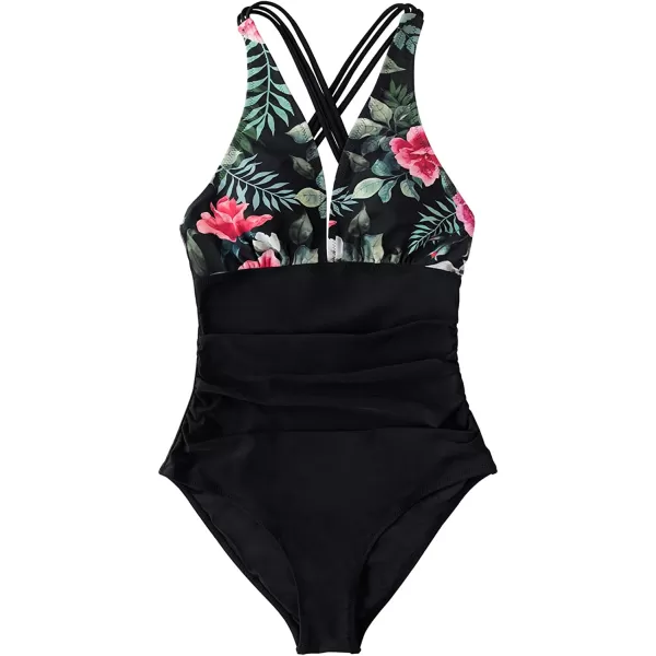 imageCUPSHE Womens One Piece V Neck Tummy Control Cross Back Vintage SwimsuitBlack amp Floral
