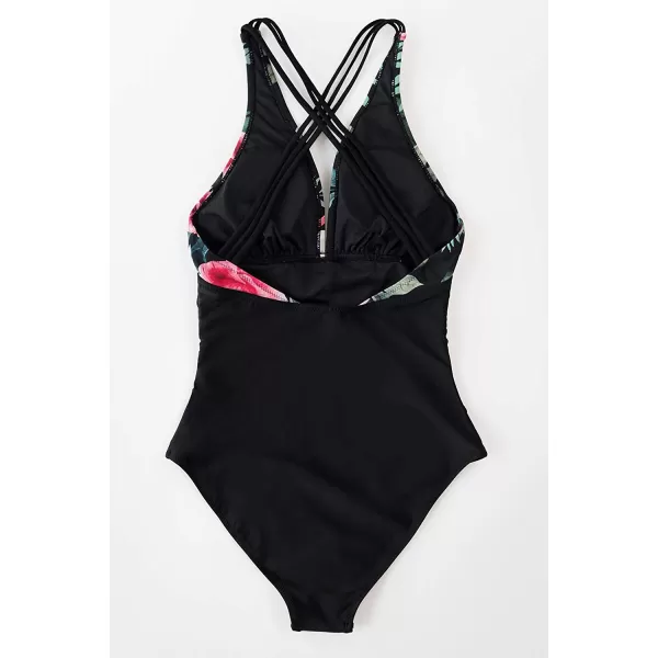 imageCUPSHE Womens One Piece V Neck Tummy Control Cross Back Vintage SwimsuitBlack amp Floral