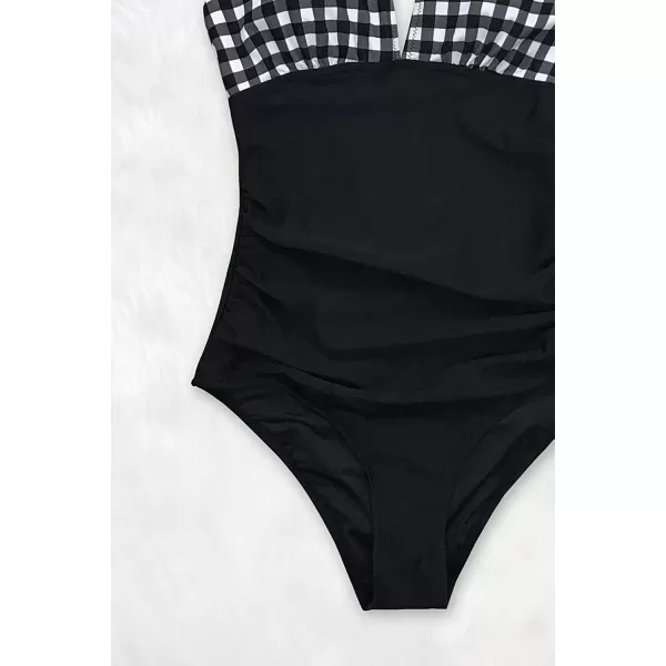 imageCUPSHE Womens One Piece V Neck Tummy Control Cross Back Vintage SwimsuitBlack and White