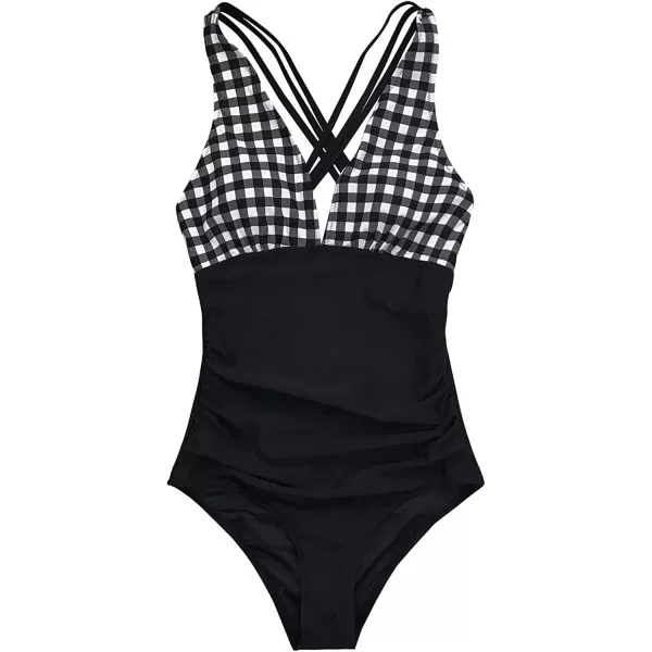 imageCUPSHE Womens One Piece V Neck Tummy Control Cross Back Vintage SwimsuitBlack and White