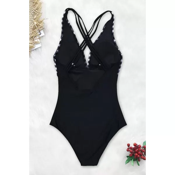 imageCUPSHE Womens One Piece V Neck Tummy Control Cross Back Vintage SwimsuitBlack and White