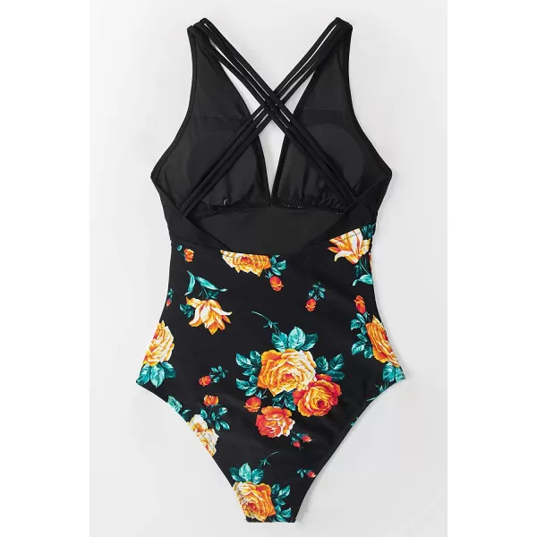 imageCUPSHE Womens One Piece V Neck Tummy Control Cross Back Vintage SwimsuitBlackFloral