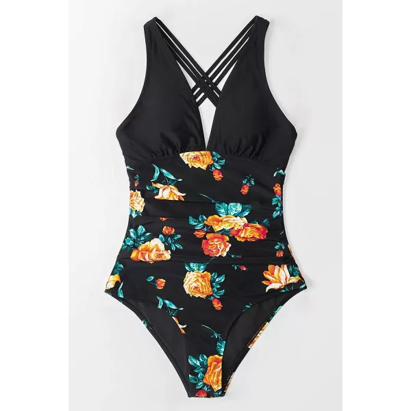 imageCUPSHE Womens One Piece V Neck Tummy Control Cross Back Vintage SwimsuitBlackFloral