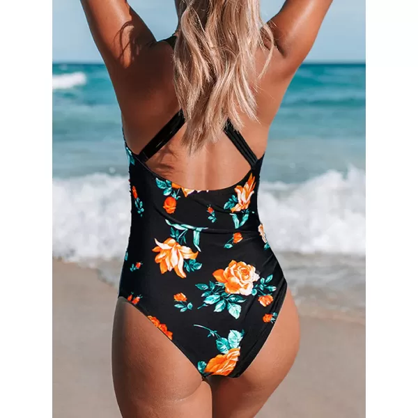 imageCUPSHE Womens One Piece V Neck Tummy Control Cross Back Vintage SwimsuitBlackFloral