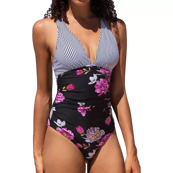 imageCUPSHE Womens One Piece V Neck Tummy Control Cross Back Vintage SwimsuitBlackStripe