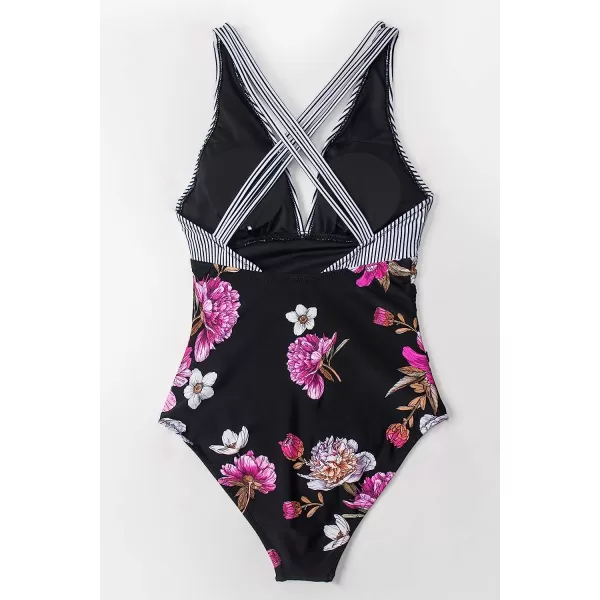 imageCUPSHE Womens One Piece V Neck Tummy Control Cross Back Vintage SwimsuitBlackStripe