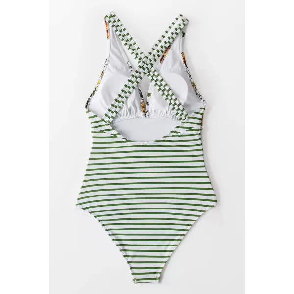 imageCUPSHE Womens One Piece V Neck Tummy Control Cross Back Vintage SwimsuitGreen Stripe