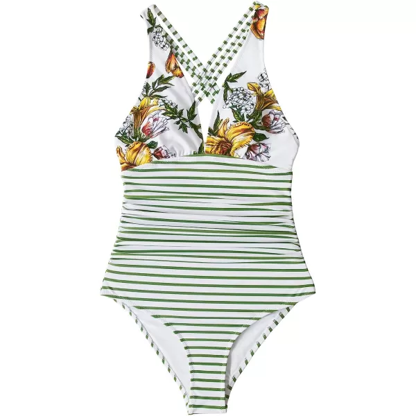 imageCUPSHE Womens One Piece V Neck Tummy Control Cross Back Vintage SwimsuitGreen Stripe