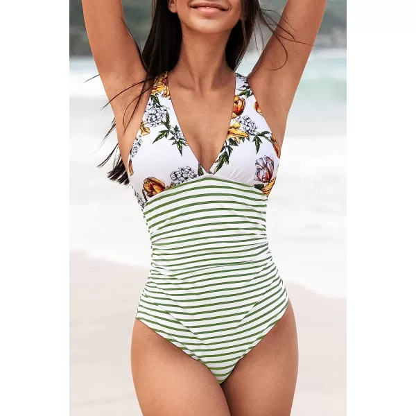 imageCUPSHE Womens One Piece V Neck Tummy Control Cross Back Vintage SwimsuitGreen Stripe