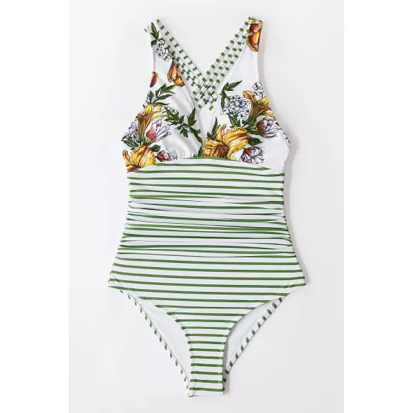 imageCUPSHE Womens One Piece V Neck Tummy Control Cross Back Vintage SwimsuitGreen Stripe