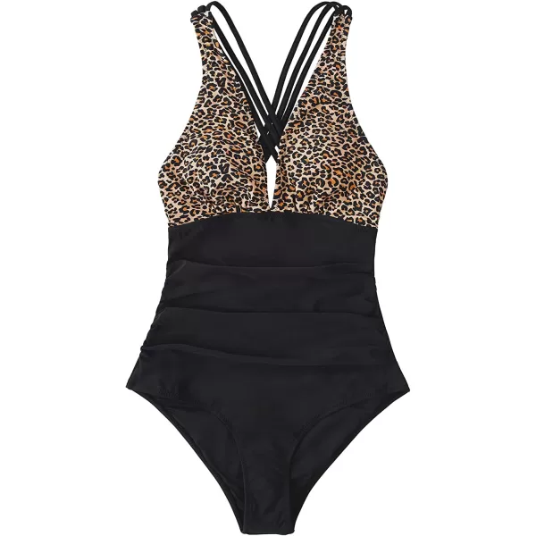 imageCUPSHE Womens One Piece V Neck Tummy Control Cross Back Vintage SwimsuitLeopard