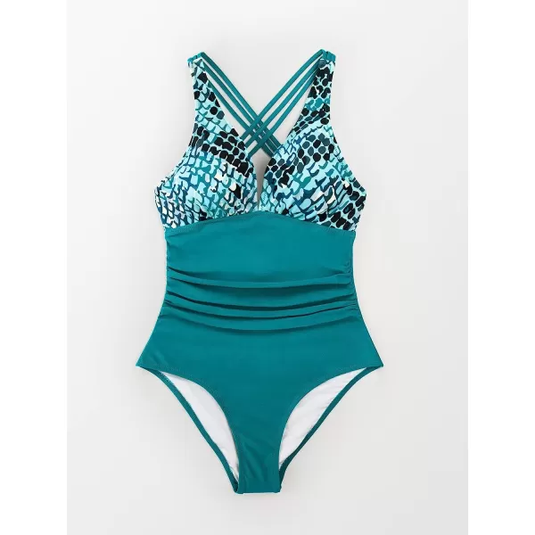 imageCUPSHE Womens One Piece V Neck Tummy Control Cross Back Vintage SwimsuitNavy Blue