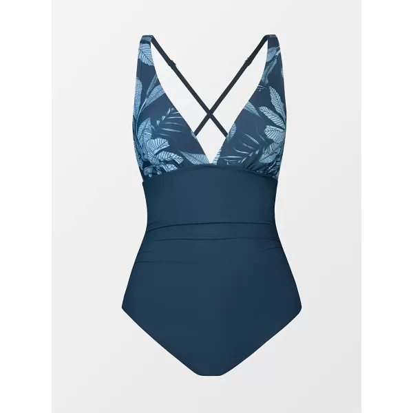 imageCUPSHE Womens One Piece V Neck Tummy Control Cross Back Vintage SwimsuitNavy Blue and Floral