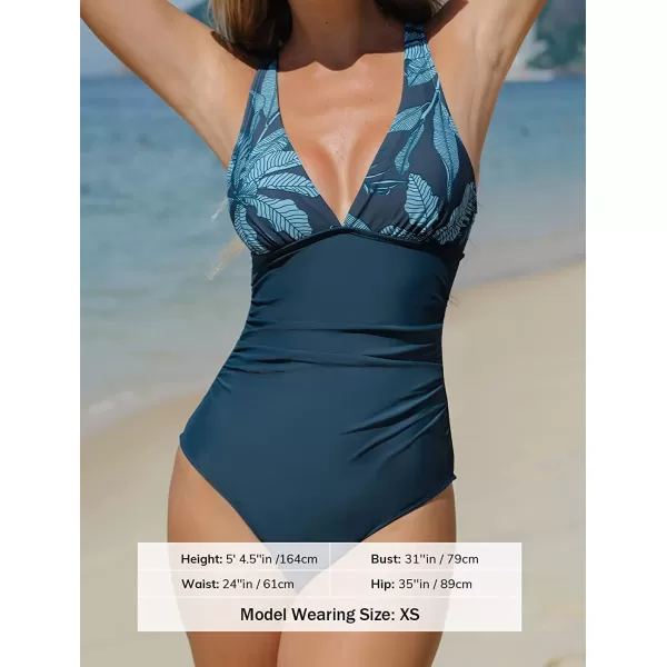 imageCUPSHE Womens One Piece V Neck Tummy Control Cross Back Vintage SwimsuitNavy Blue and Floral