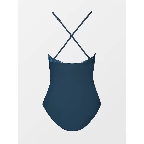 imageCUPSHE Womens One Piece V Neck Tummy Control Cross Back Vintage SwimsuitNavy Blue and Floral