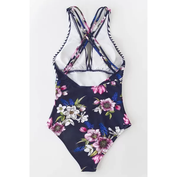 imageCUPSHE Womens One Piece V Neck Tummy Control Cross Back Vintage SwimsuitNavy BlueStripe