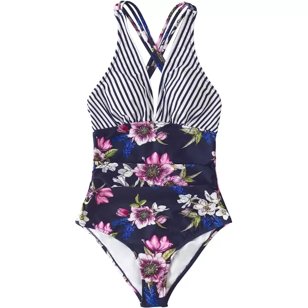imageCUPSHE Womens One Piece V Neck Tummy Control Cross Back Vintage SwimsuitNavy BlueStripe