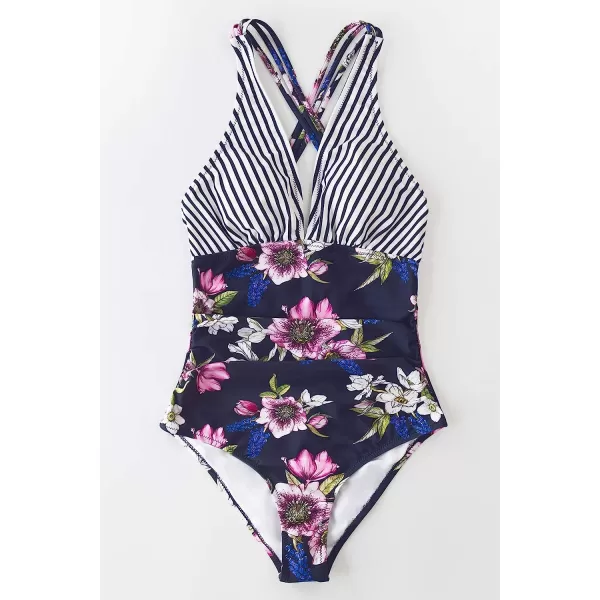 imageCUPSHE Womens One Piece V Neck Tummy Control Cross Back Vintage SwimsuitNavy BlueStripe