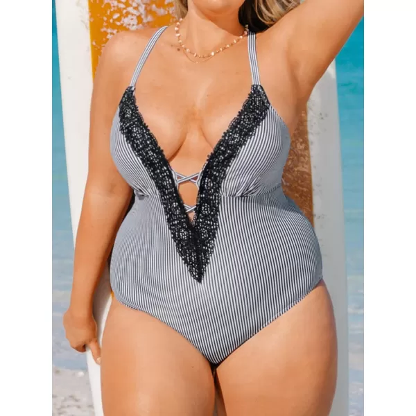 imageCUPSHE Womens One Piece Vintage Lace Deep V Neck Cutout SwimsuitBlack  Vertical Stripe