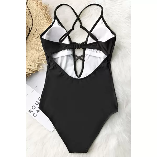 imageCUPSHE Womens One Piece Vintage Lace Deep V Neck Cutout SwimsuitBlack