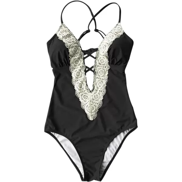 imageCUPSHE Womens One Piece Vintage Lace Deep V Neck Cutout SwimsuitBlack