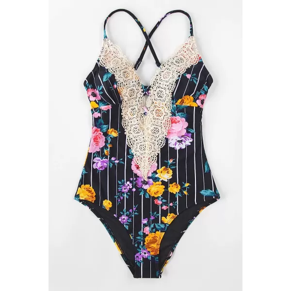 imageCUPSHE Womens One Piece Vintage Lace Deep V Neck Cutout SwimsuitBlack Floral Stripe