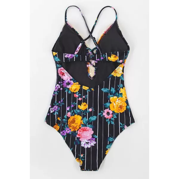imageCUPSHE Womens One Piece Vintage Lace Deep V Neck Cutout SwimsuitBlack Floral Stripe