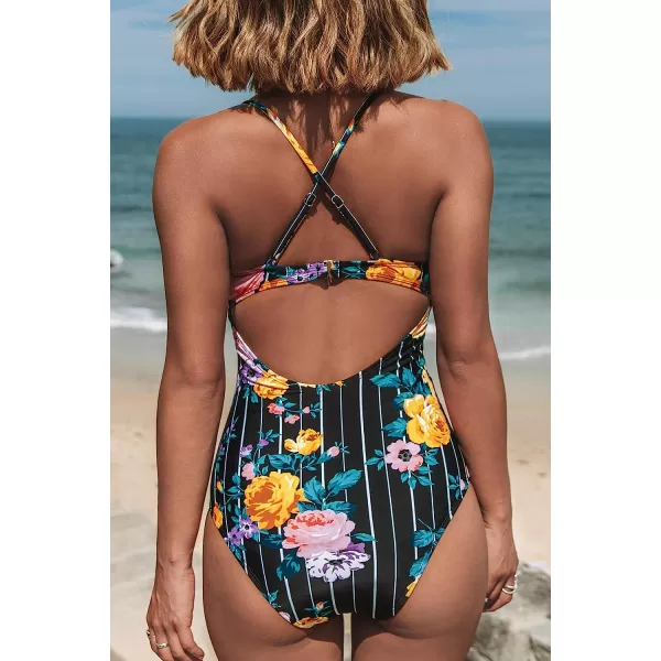 imageCUPSHE Womens One Piece Vintage Lace Deep V Neck Cutout SwimsuitBlack Floral Stripe