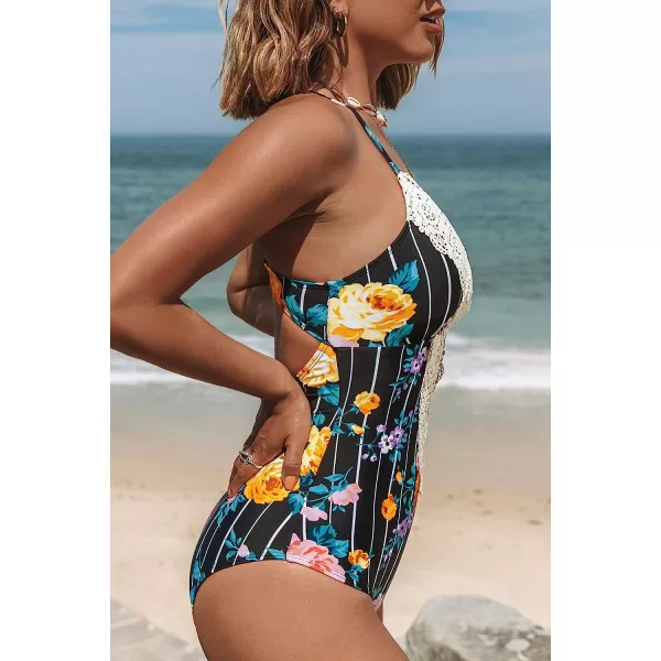 imageCUPSHE Womens One Piece Vintage Lace Deep V Neck Cutout SwimsuitBlack Floral Stripe