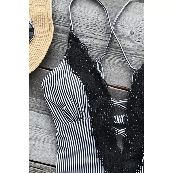 imageCUPSHE Womens One Piece Vintage Lace Deep V Neck Cutout SwimsuitBlack White