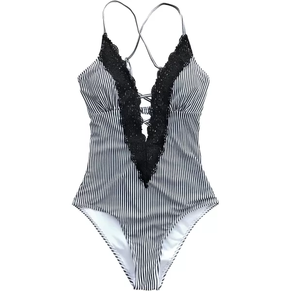 imageCUPSHE Womens One Piece Vintage Lace Deep V Neck Cutout SwimsuitBlack White