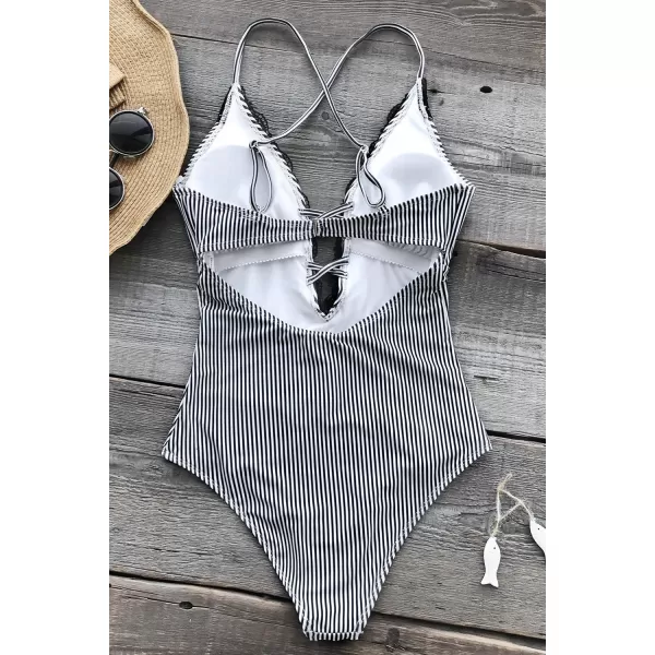 imageCUPSHE Womens One Piece Vintage Lace Deep V Neck Cutout SwimsuitBlack White