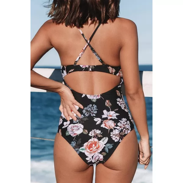 imageCUPSHE Womens One Piece Vintage Lace Deep V Neck Cutout SwimsuitBlackRed Flower