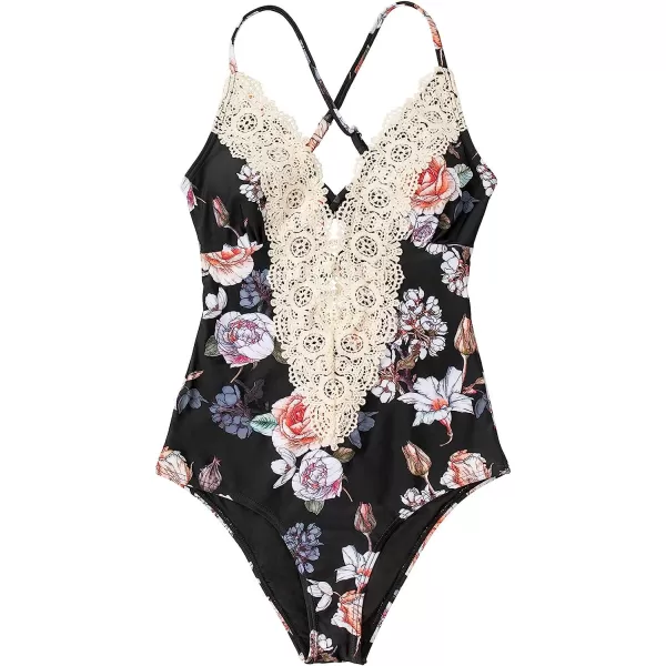 imageCUPSHE Womens One Piece Vintage Lace Deep V Neck Cutout SwimsuitBlackRed Flower