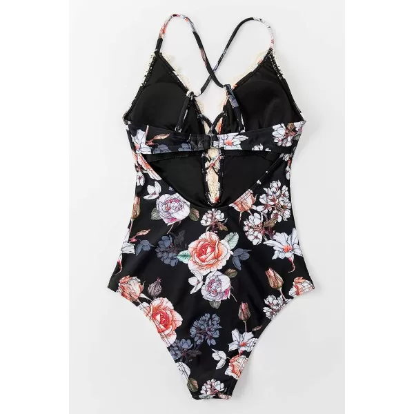 imageCUPSHE Womens One Piece Vintage Lace Deep V Neck Cutout SwimsuitBlackRed Flower