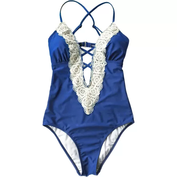 imageCUPSHE Womens One Piece Vintage Lace Deep V Neck Cutout SwimsuitBlue