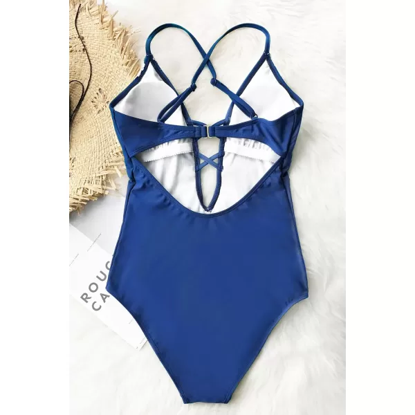 imageCUPSHE Womens One Piece Vintage Lace Deep V Neck Cutout SwimsuitBlue