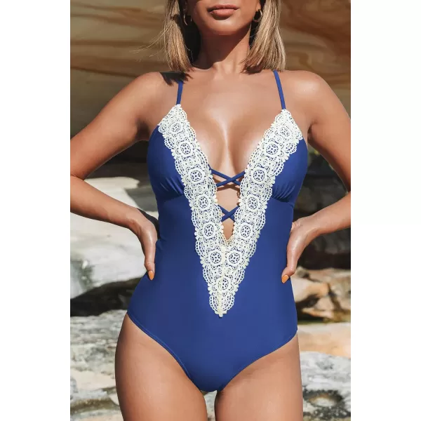 imageCUPSHE Womens One Piece Vintage Lace Deep V Neck Cutout SwimsuitBlue